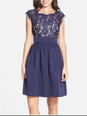 Eliza J Navy Lace Bodice Midi Dress